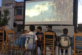 Youngsters enjoying the unusual outdoor screening